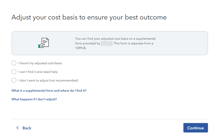 Image of the cost basis screen in TurboTax